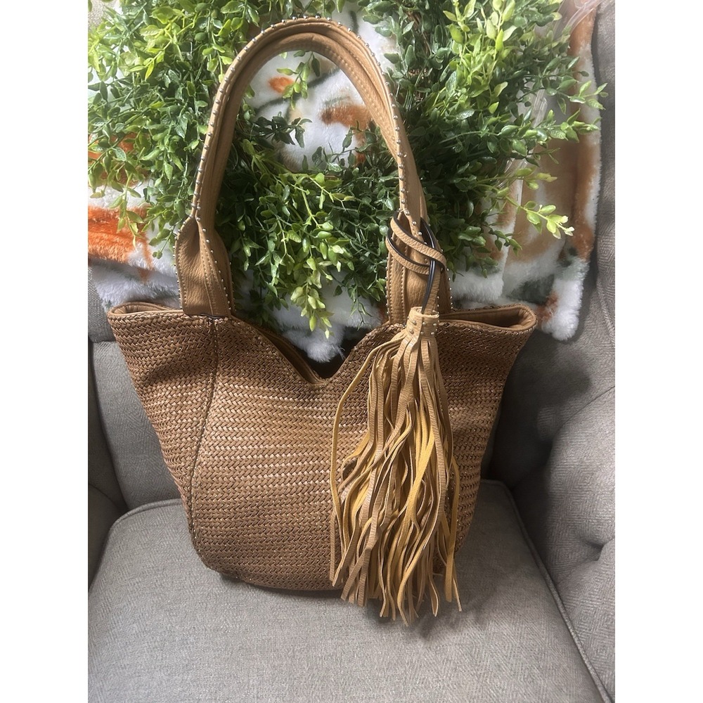 Sondra Robert's Squared Beachy Studded Straw Color Woven Tasseled Handbag Purse